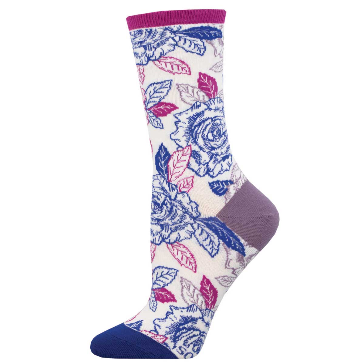 A pair of colorful crew socks with a floral pattern, predominantly featuring blue and pink colors, designed for women.