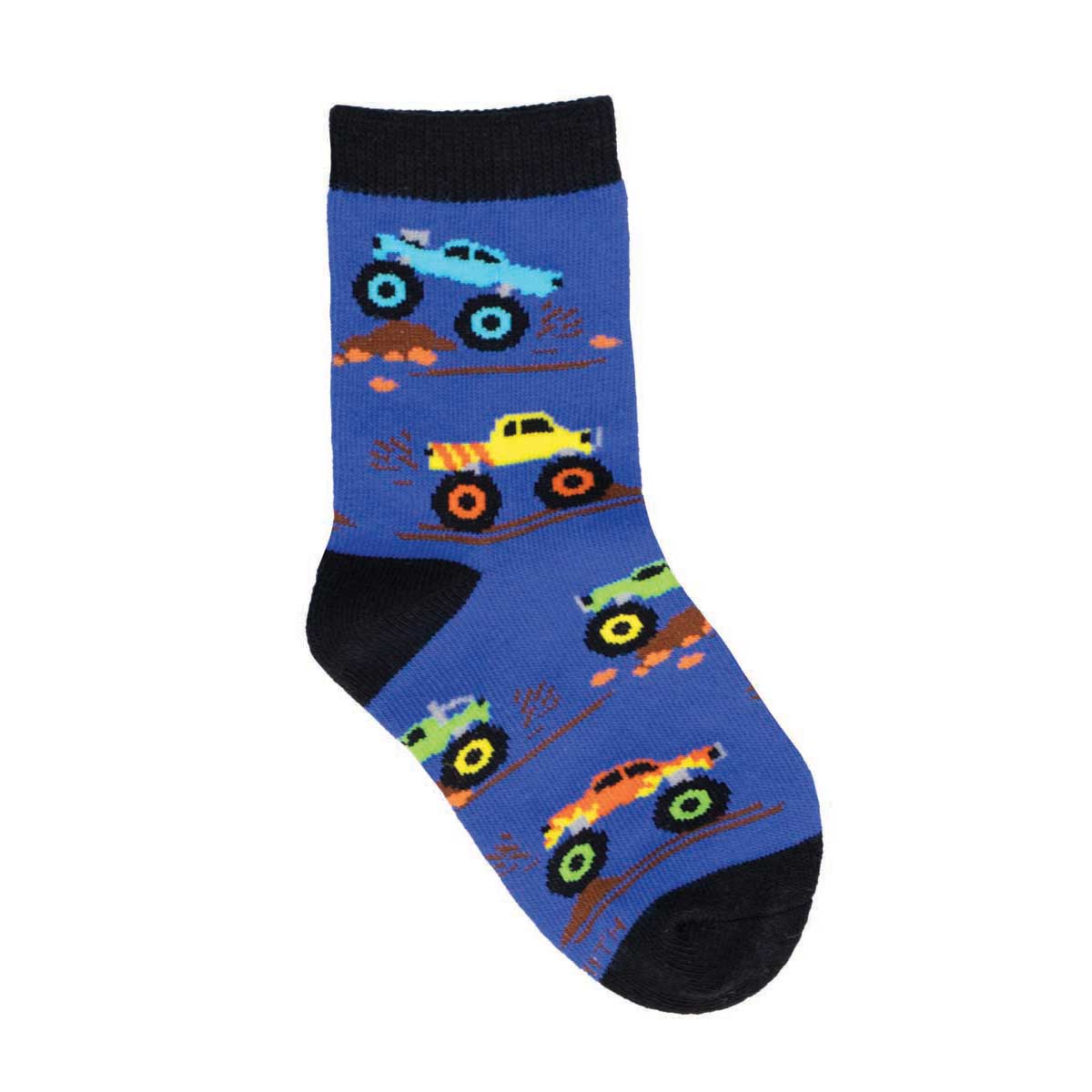 A pair of colorful kids' crew socks with cartoon monster trucks on a blue background.
