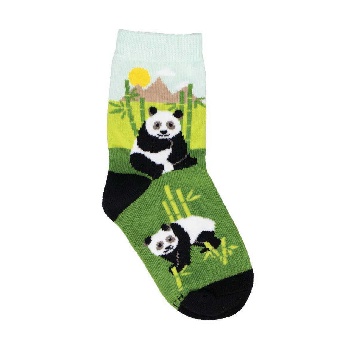 A pair of children's socks with a cartoon image of a panda bear sitting on a bamboo shoot.
