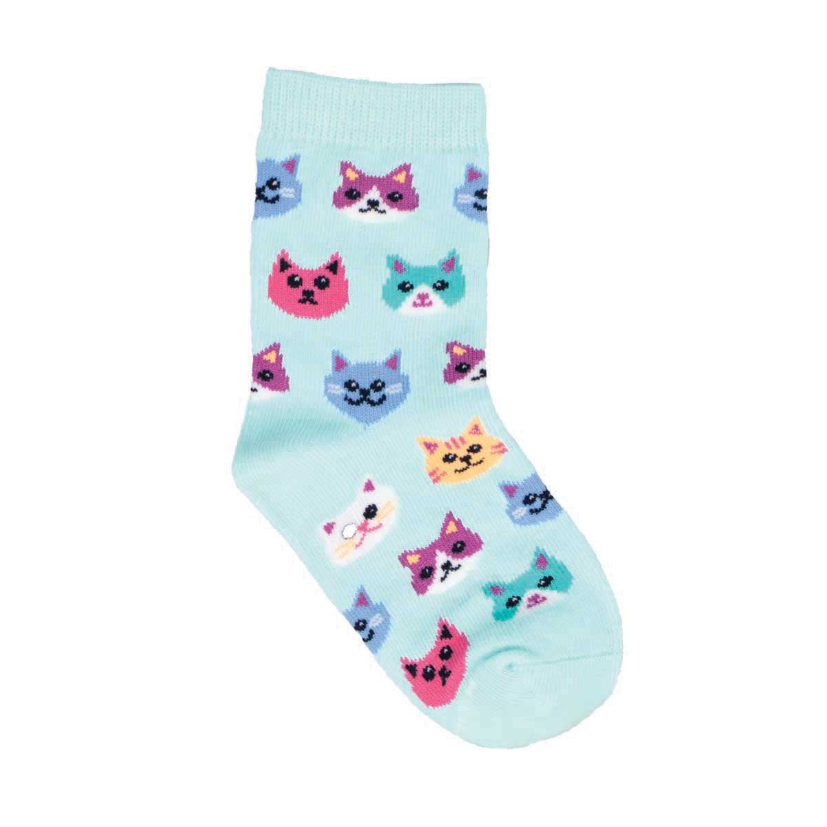 A pair of colorful socks with various animal face patterns, predominantly in blue tones, designed for kids.