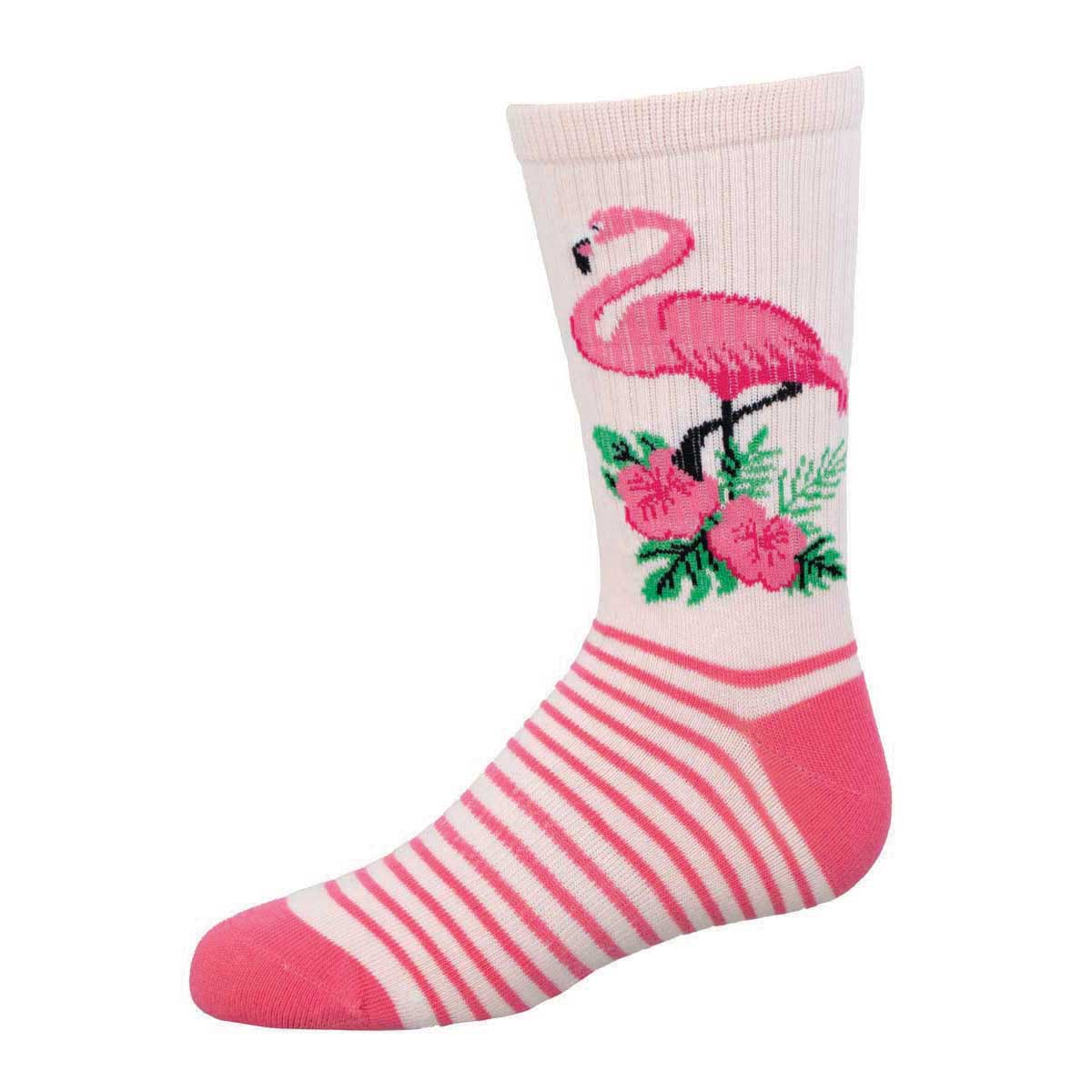 A pink sock with a pattern that includes a flamingo and floral design, along with pink horizontal stripes.