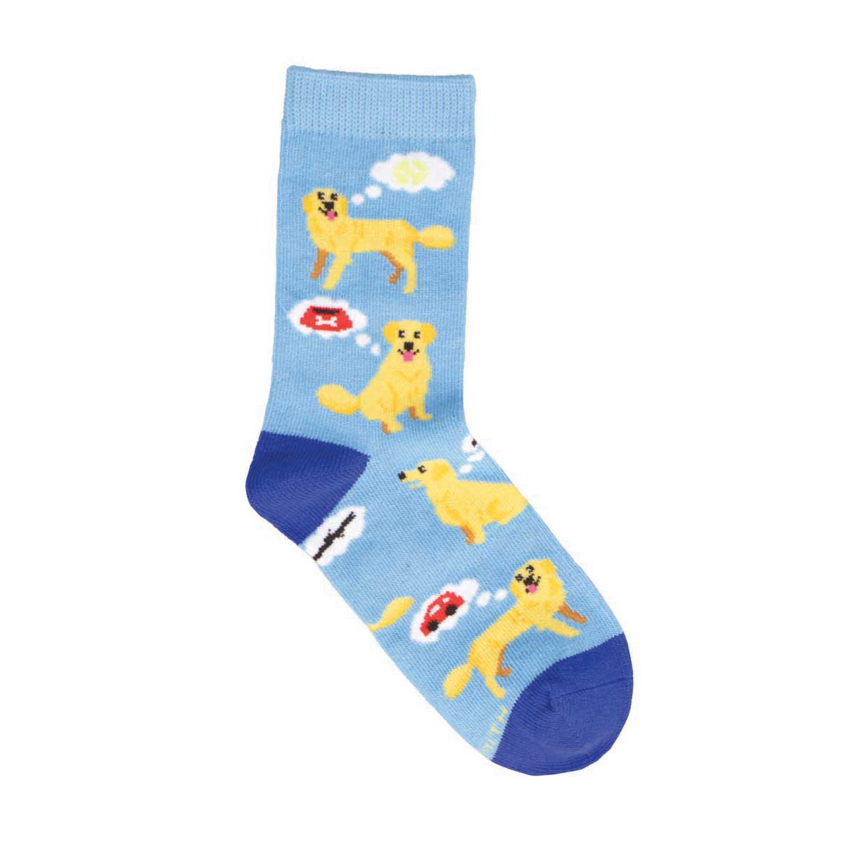 A pair of kids' socks with a blue background and yellow cartoon dogs, along with other playful designs such as a cloud and a ladybug.