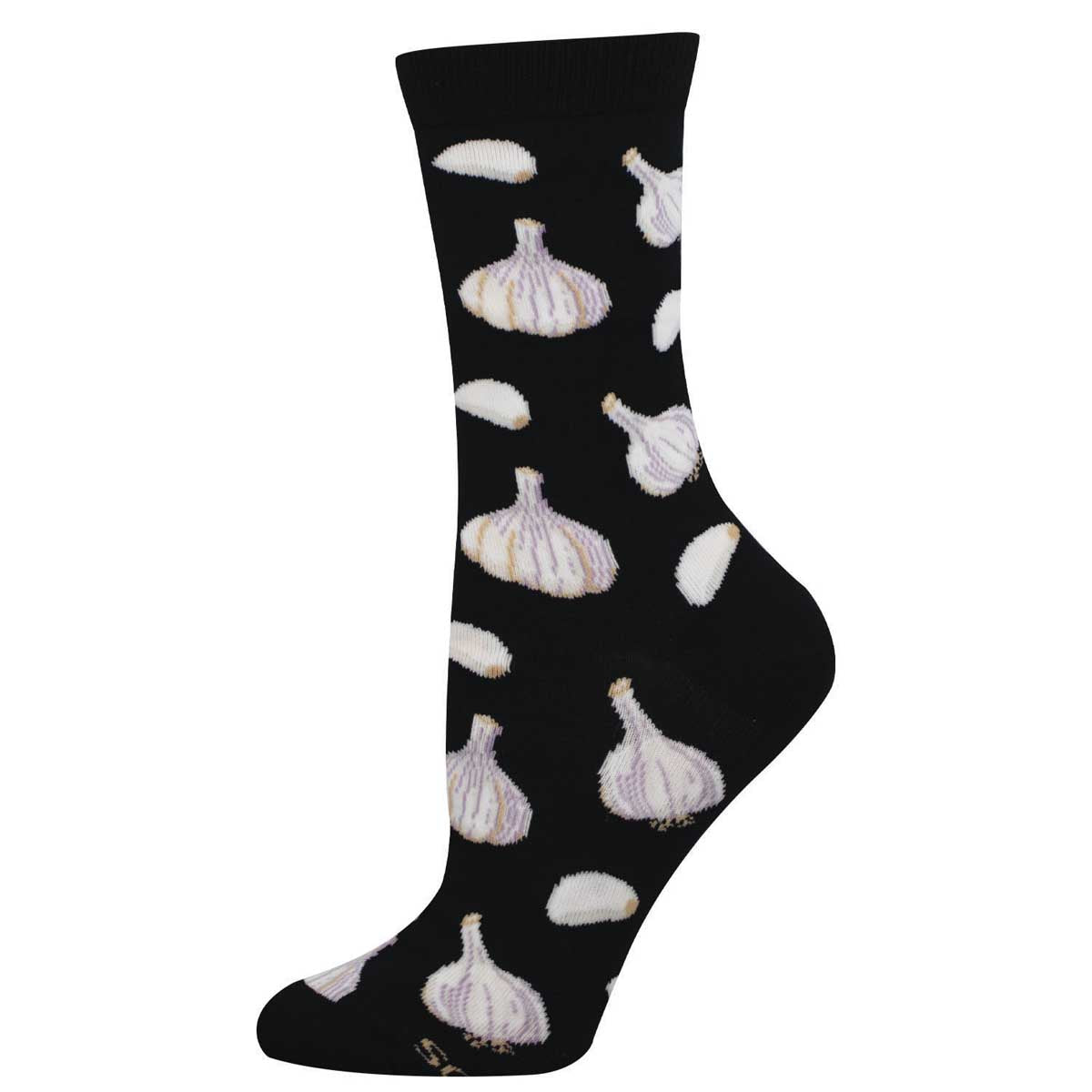 Black sock with a white garlic bulb pattern