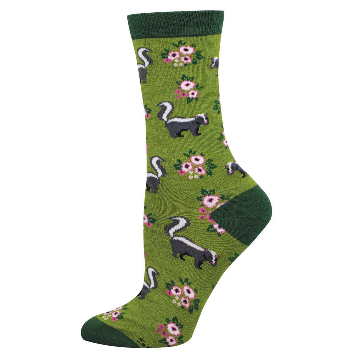 Green sock with a skunk and flower pattern