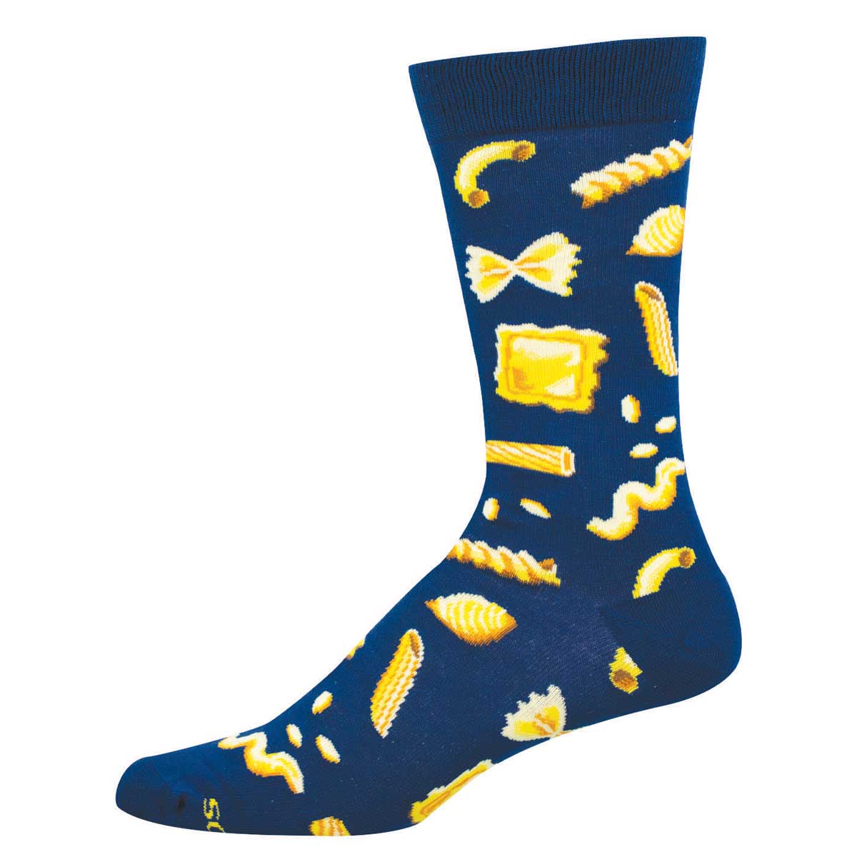 Blue sock with a yellow pasta pattern