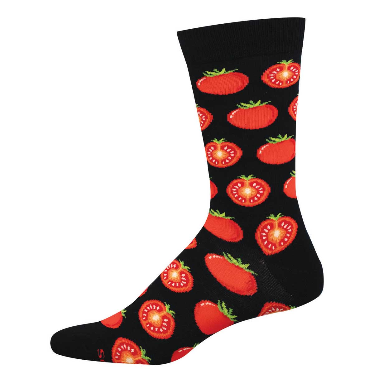 Black sock with red tomato pattern