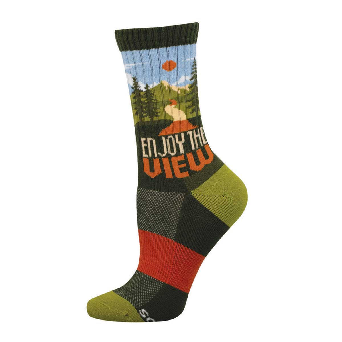 Merino Wool Sock with scenic design and 'Enjoy the View' text on a colorful, predominantly green, background
