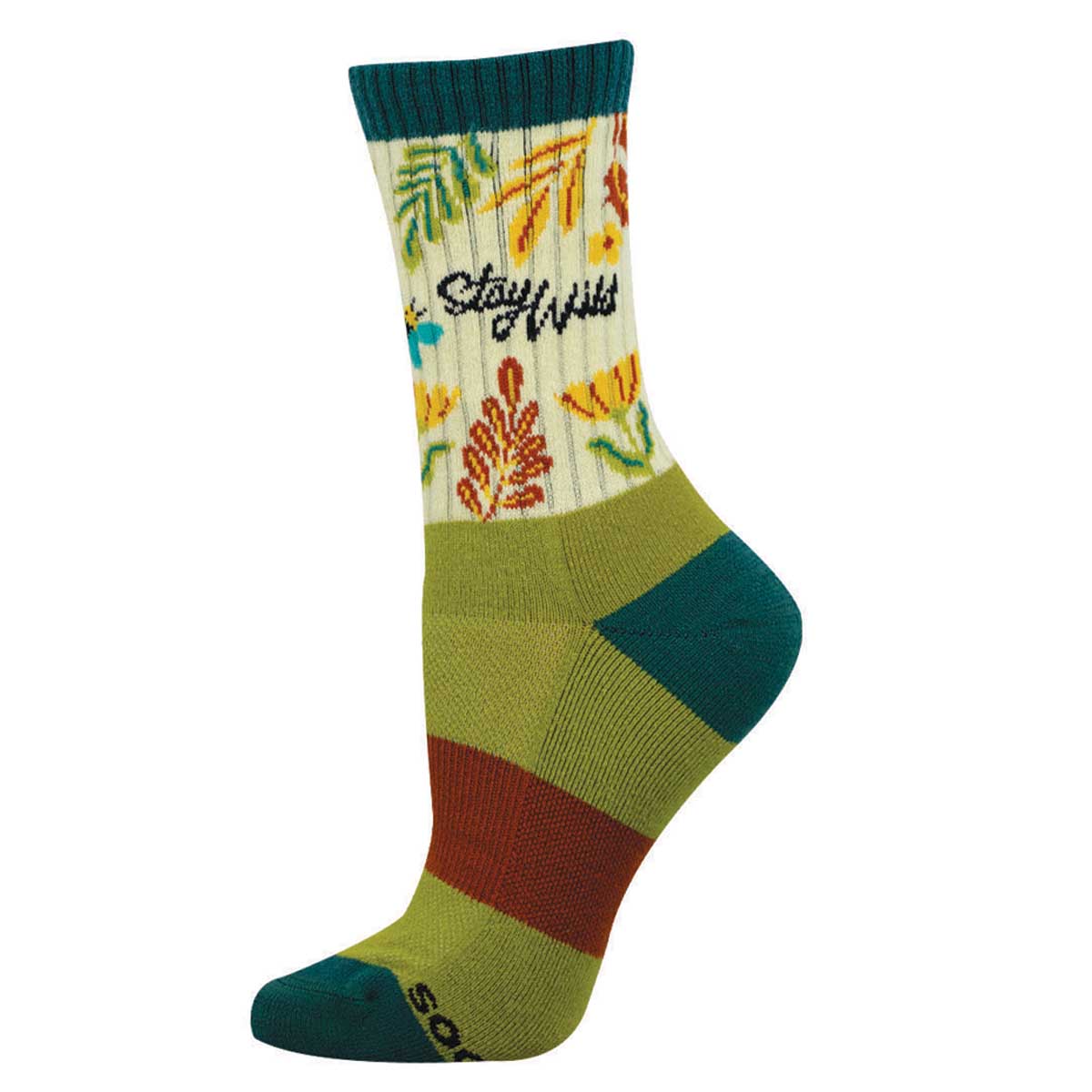 Colorful Merino Wool sock with floral pattern and text 'Stay Wild'