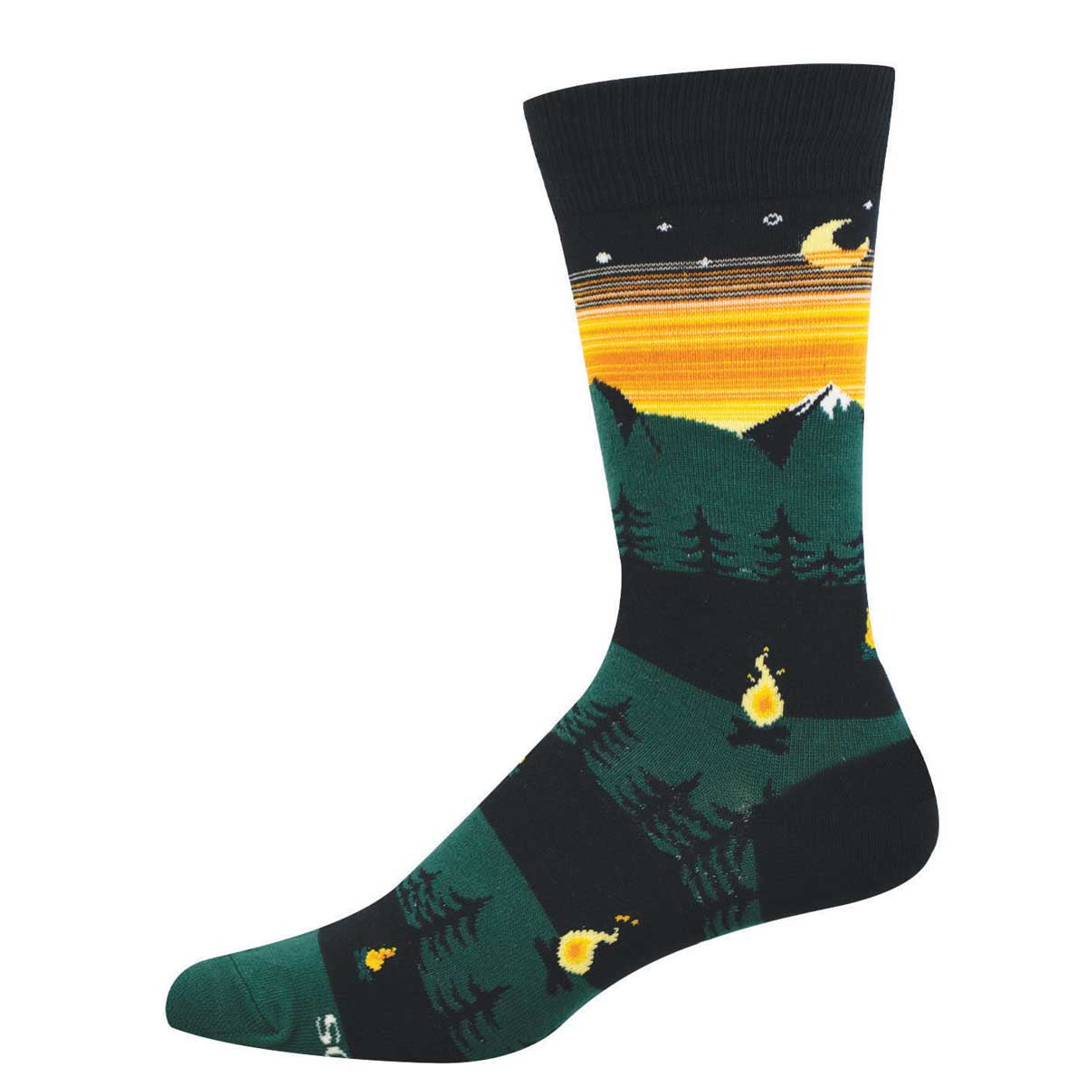 Men's Cotton Crew Socks - Nature-Themed Design Featuring Trees, Campfire, Mountains, and a Sunset - Green and Black - Socksmith