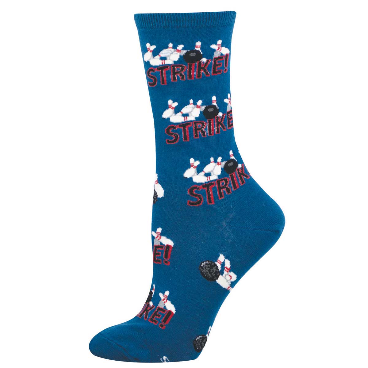 Women's Cotton Crew Socks - Bowling Design and Text "STRIKE!" On Blue Background - Socksmith