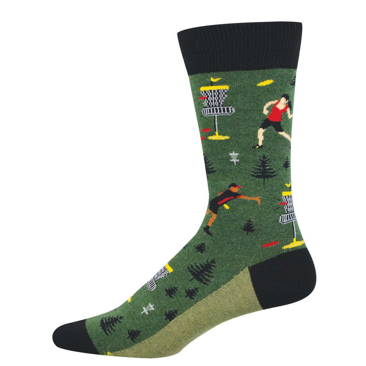 Men's Cotton Crew Socks - Fun Disc Golf Design On Green Background - Socksmith