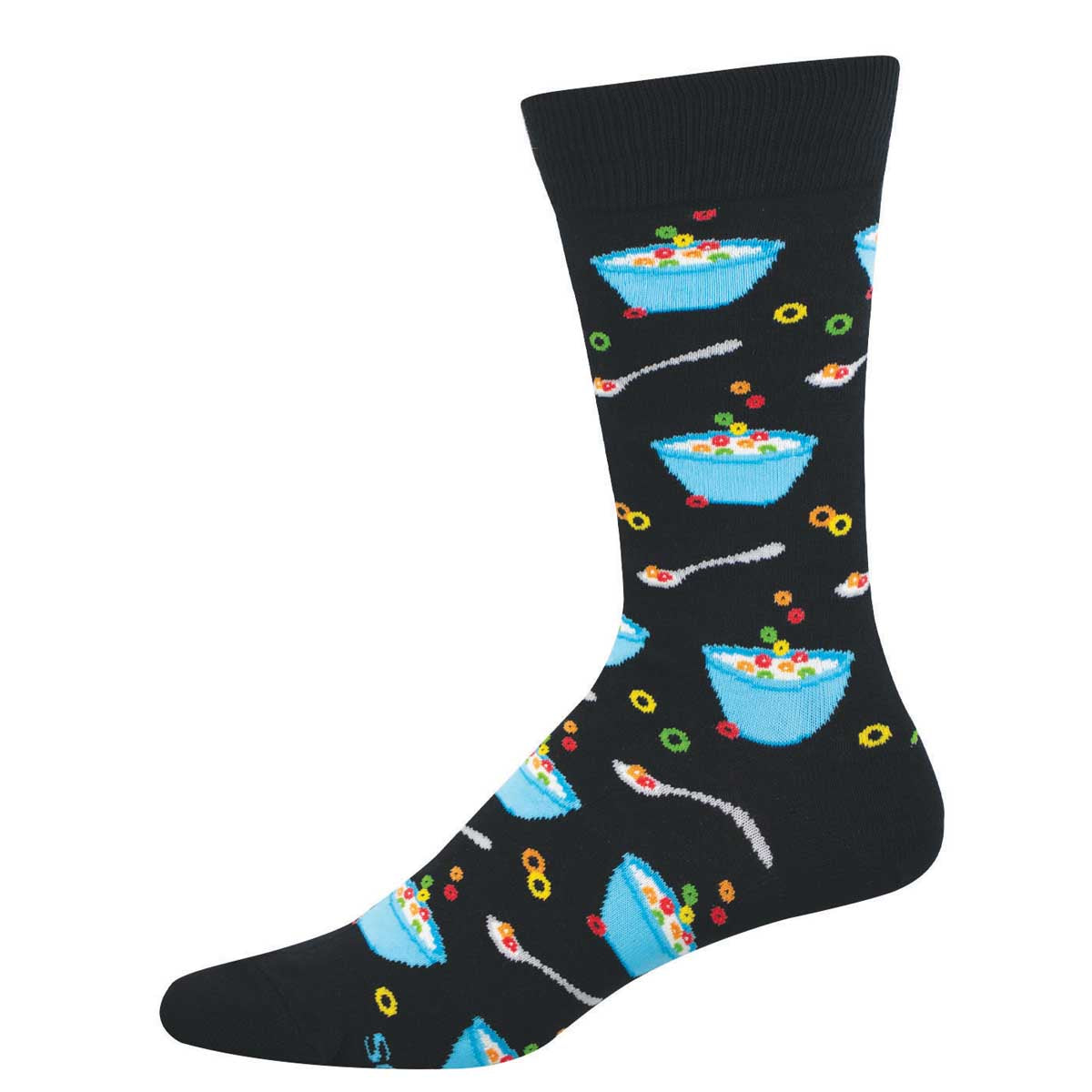 Black sock with colorful cereal bowl pattern