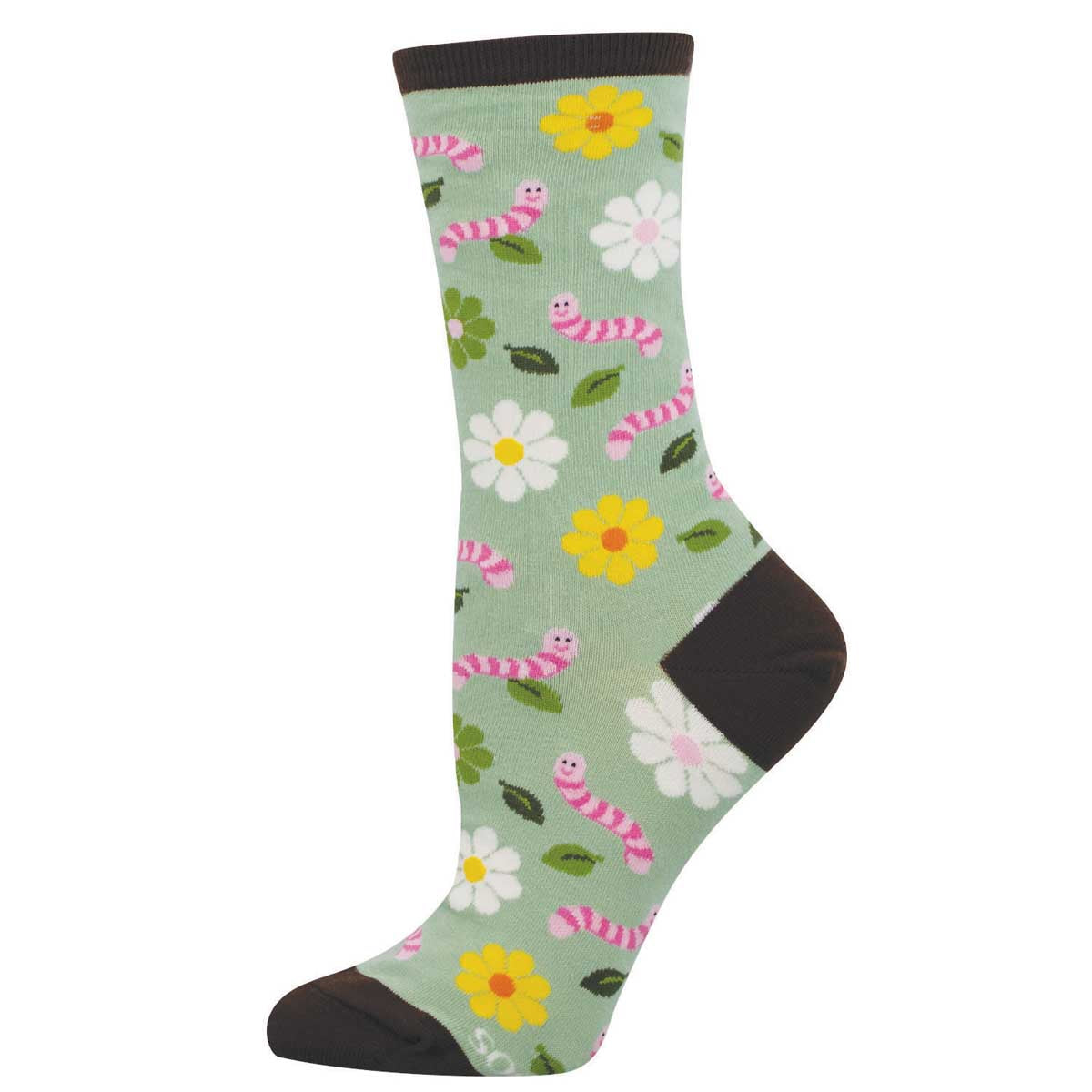 Women's Cotton Crew Socks - Floral and Worm Pattern on a Light Green Background - Socksmith