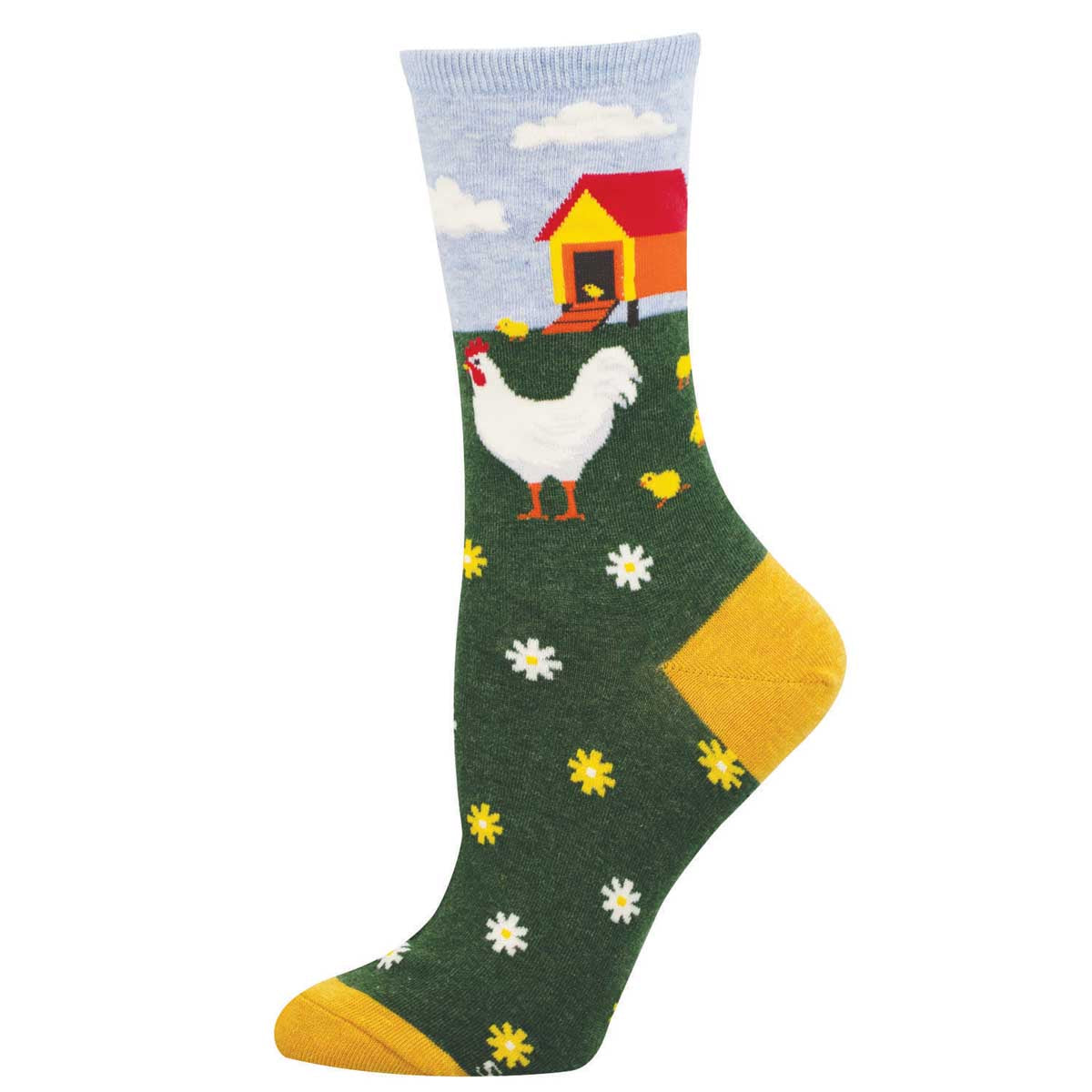 Women's Cotton Crew Socks - Chicken and Barn with Flowers Pattern - Green - Socksmith