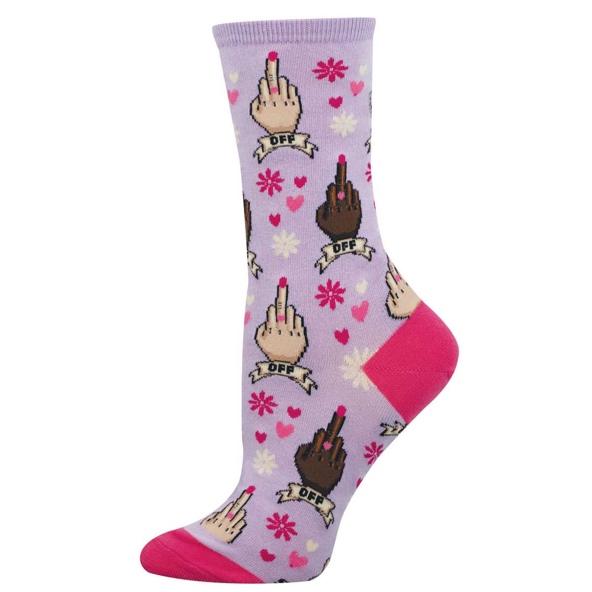 Sock with middle finger gestures and floral patterns on a light purple background