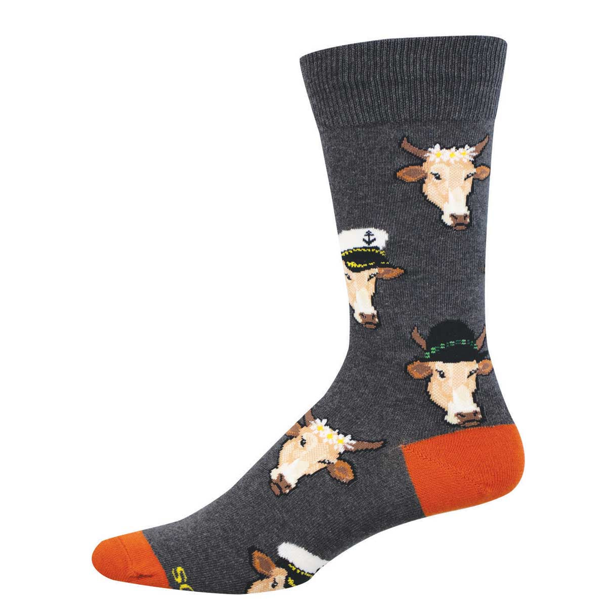 Gray sock with cows wearing various hats illustrations and orange accent