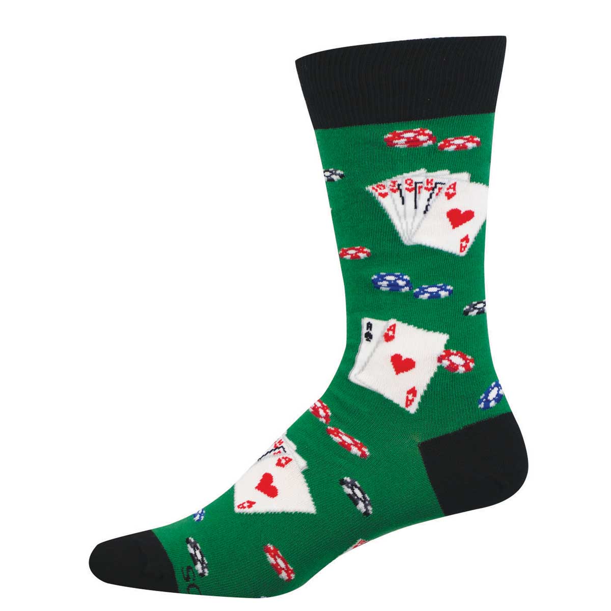 Men's Cotton Crew Socks - Playing Cards and Poker Chips on Green Background - Socksmith
