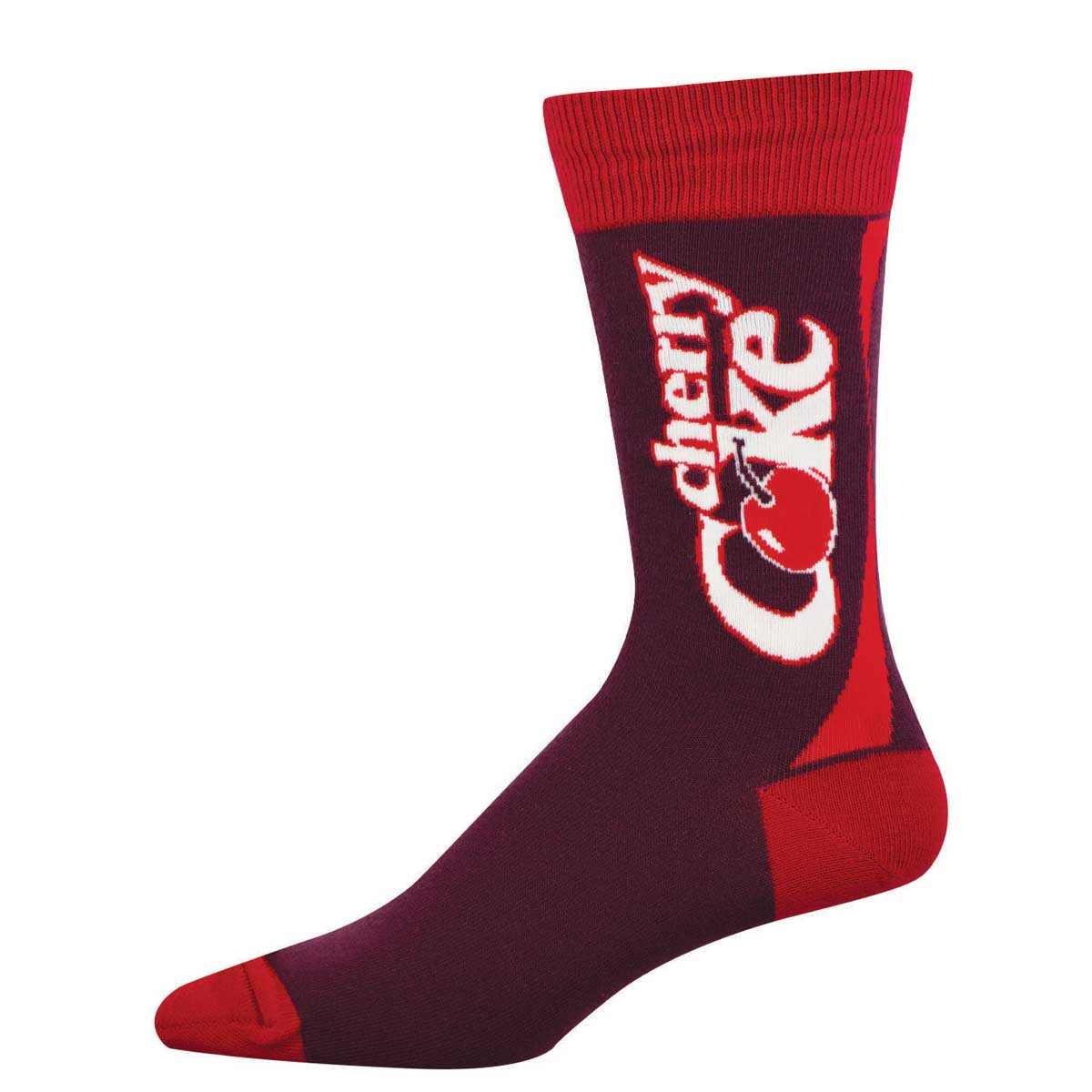 Maroon sock prominently displaying the 'Cherry Coke' logo up the calf of the sock