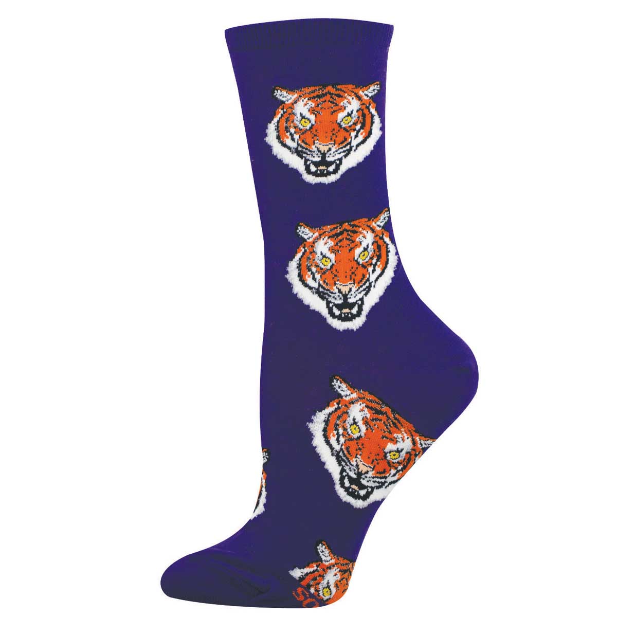 Women's Cotton Crew Socks - Tiger Faces Design On Purple Background - Socksmith