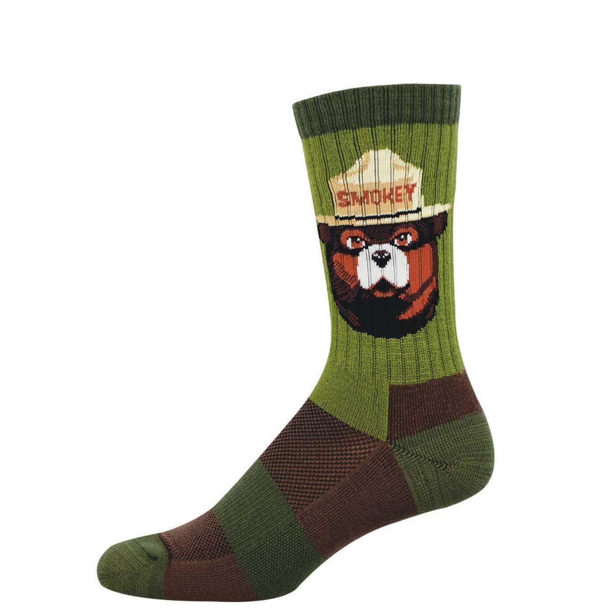 Green and brown sock featuring a Smokey Bear design and 'Smokey' text written across his hat