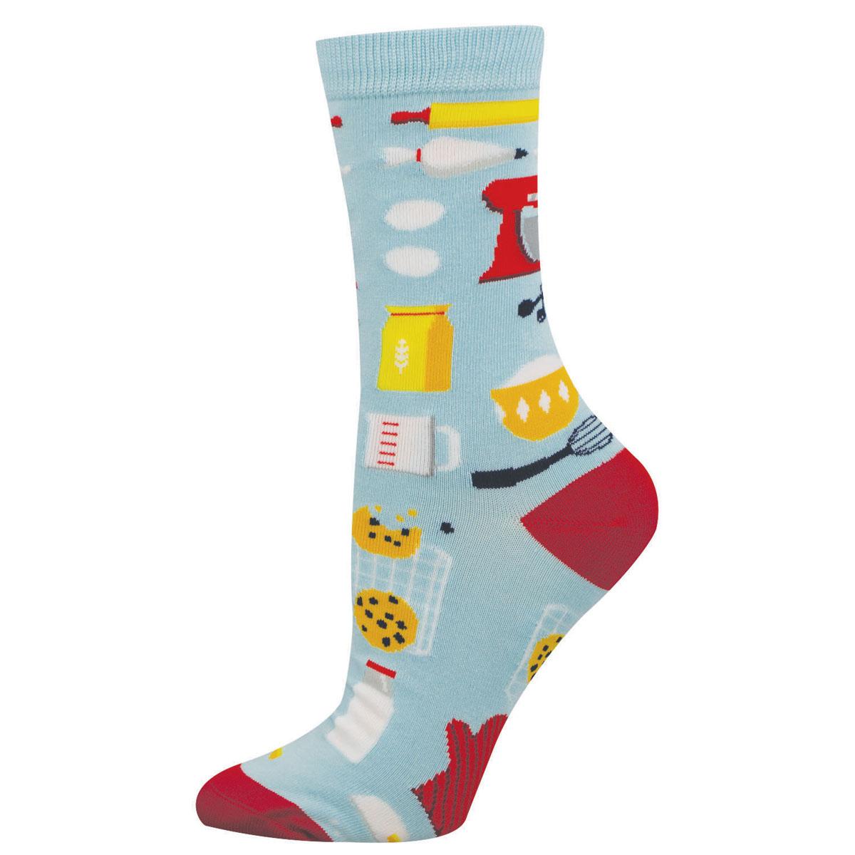 Colorful sock with kitchen-themed design on a light blue background
