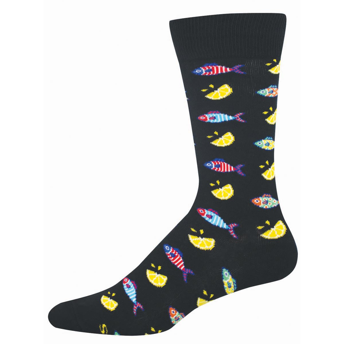 Black sock with colorful fish and lemon pattern