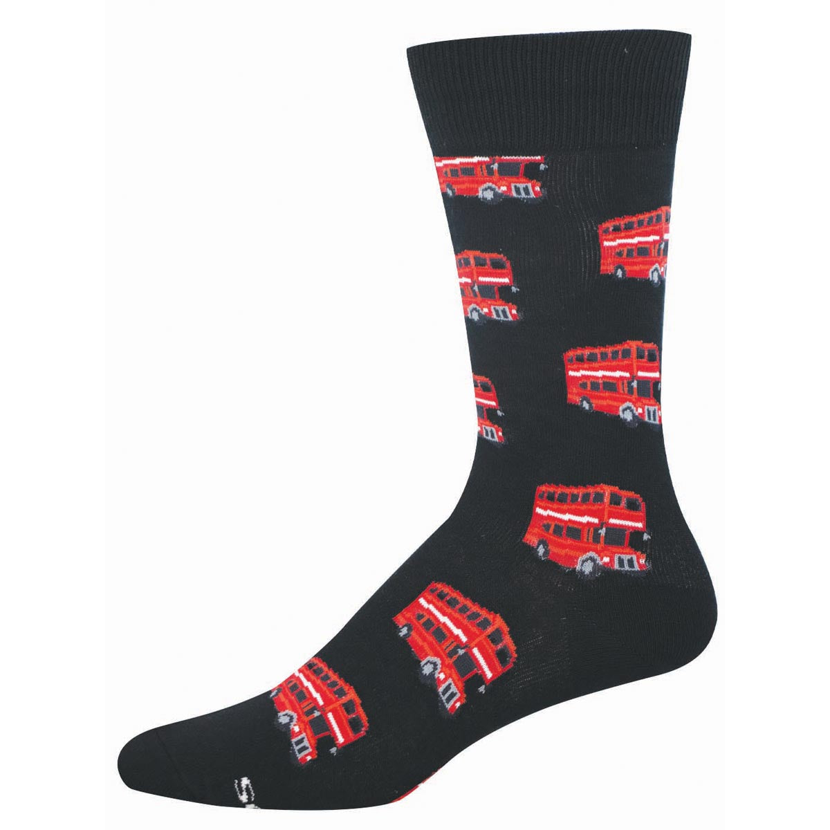 Black sock with red double-decker bus pattern