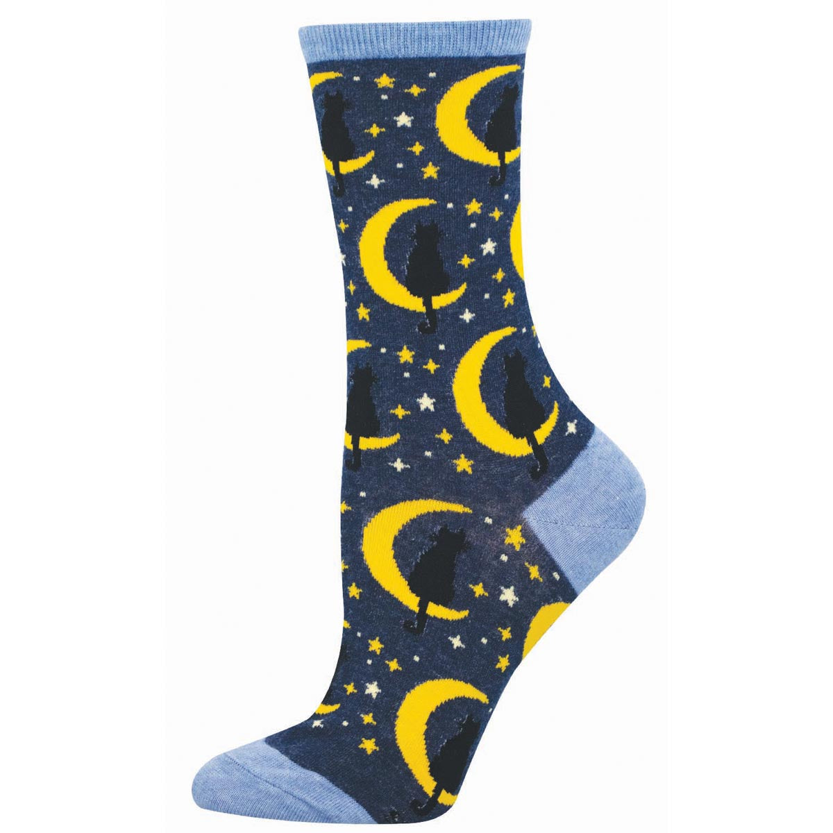 Dark blue sock with black cats sitting in a crescent moon pattern