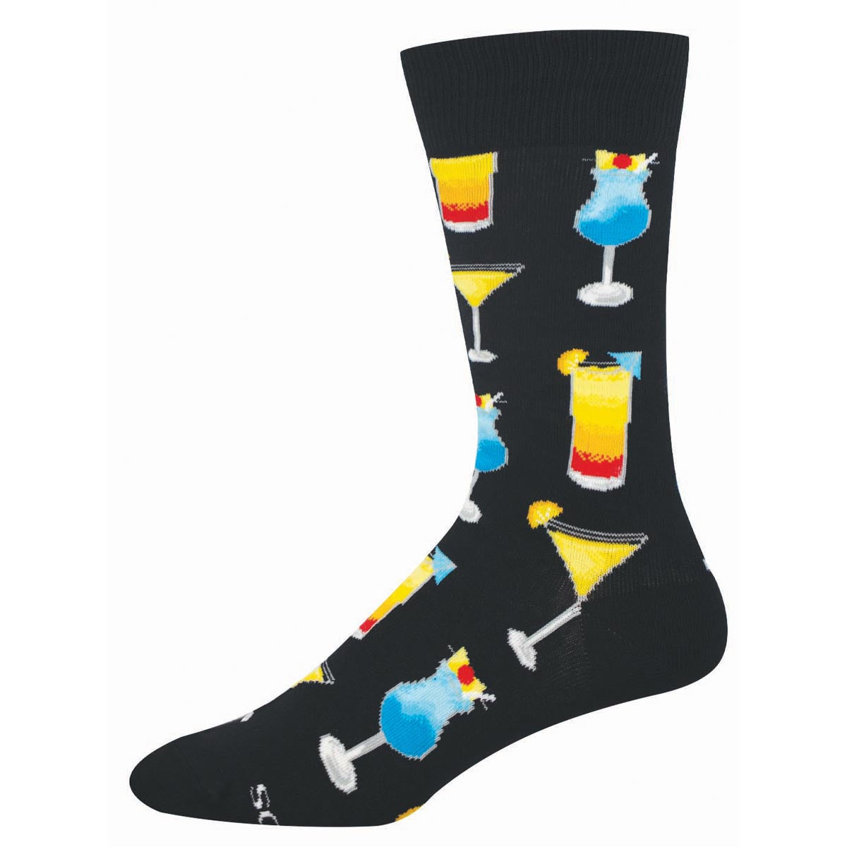 Black sock with colorful cocktail patterns