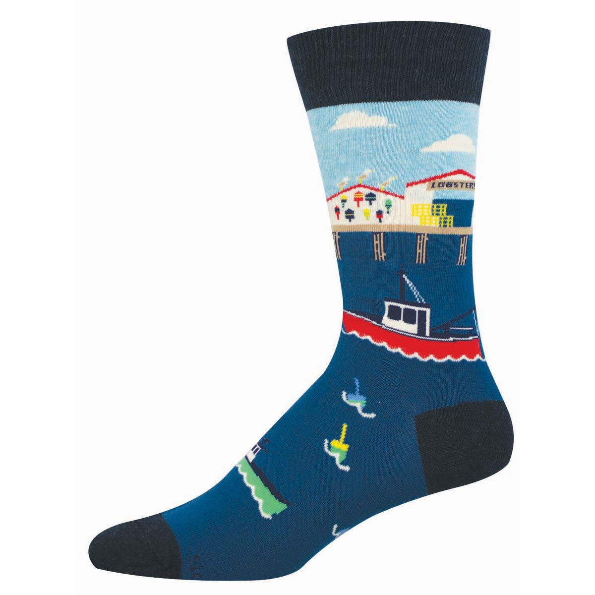sock with an ocean theme featuring a lobster building on a wharf and a fishing boat