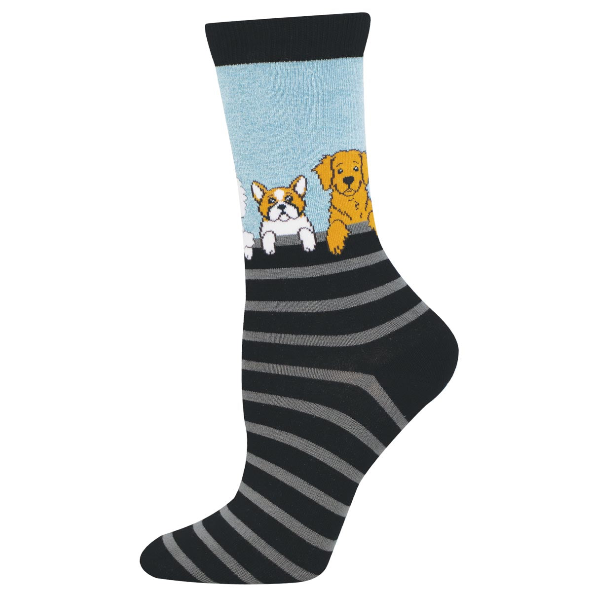 Sock with dog illustrations on a light blue background and black and grey stripes