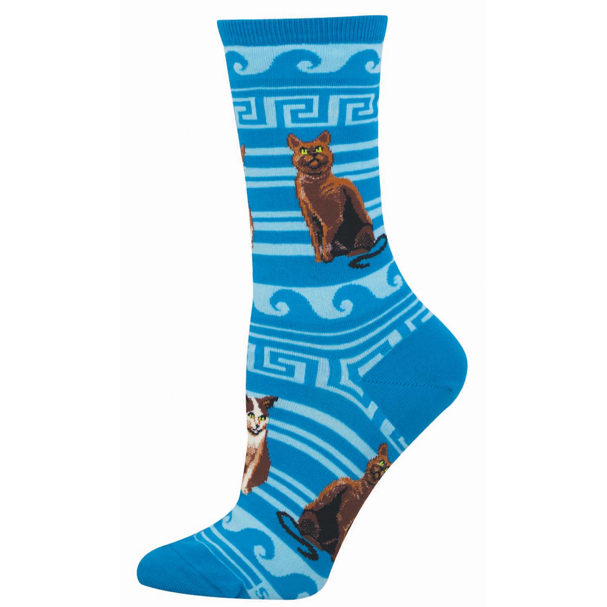 Blue sock with Greek inspired patterns and brown cats