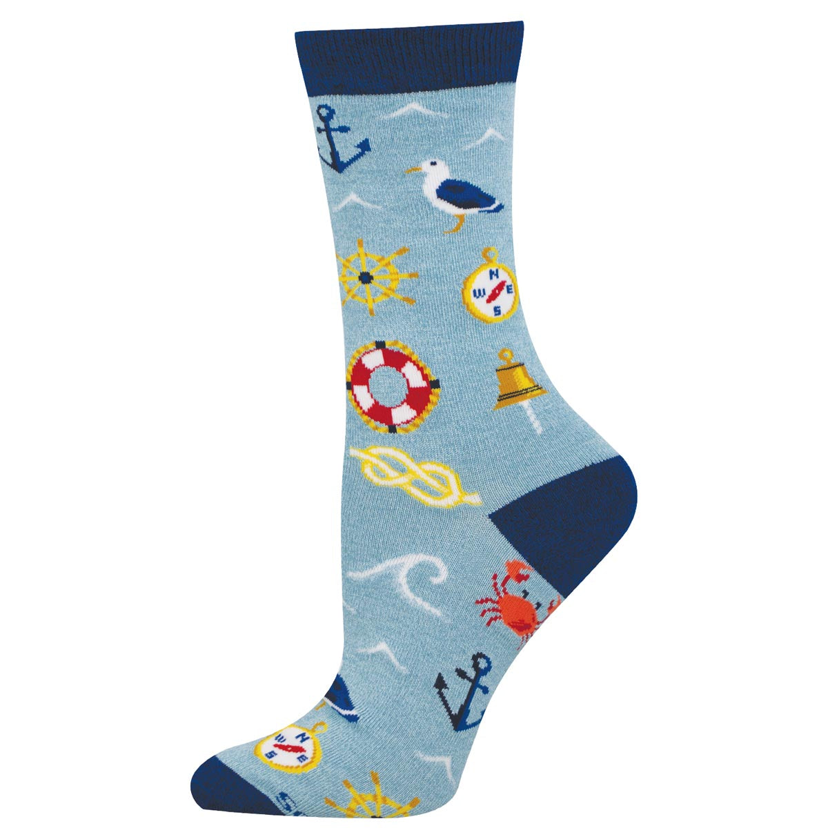Nautical-themed sock with various symbols on a light blue background