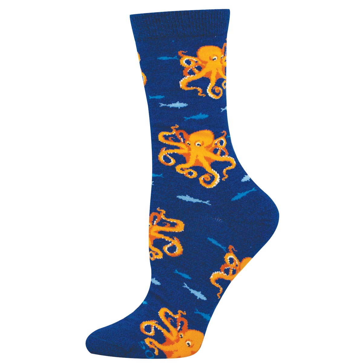 Blue sock with orange octopus pattern