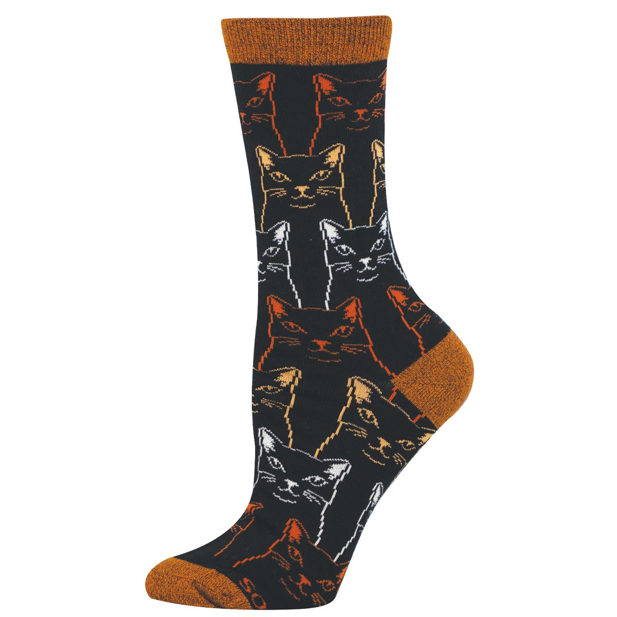 Black sock with brown and tan illustrated cat pattern
