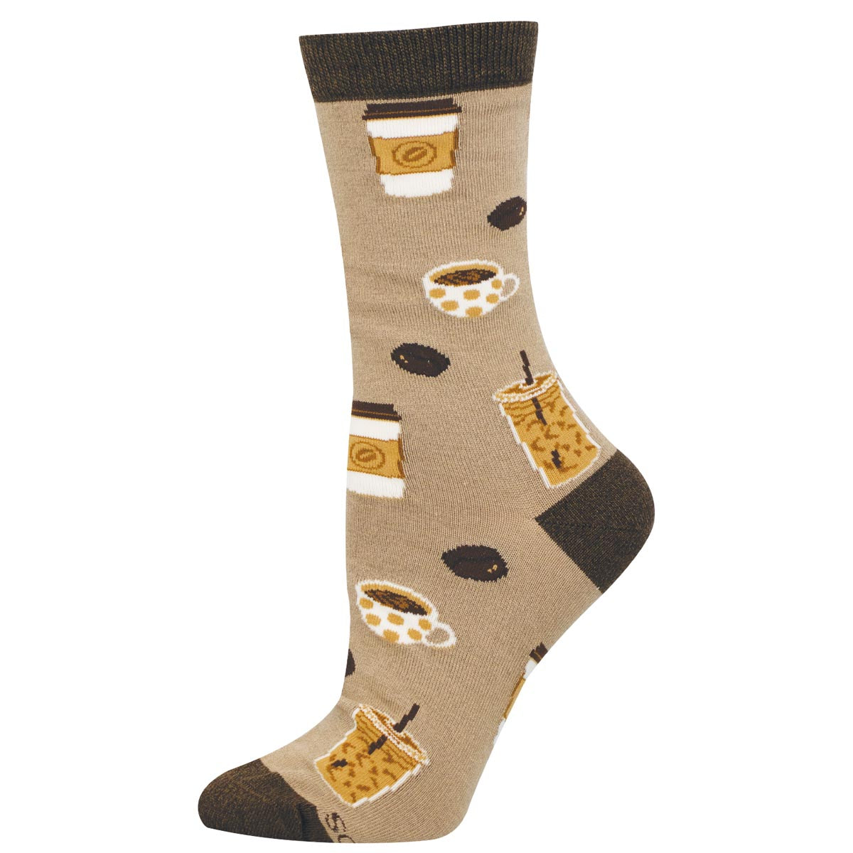 Sock with coffee-themed design on a beige background