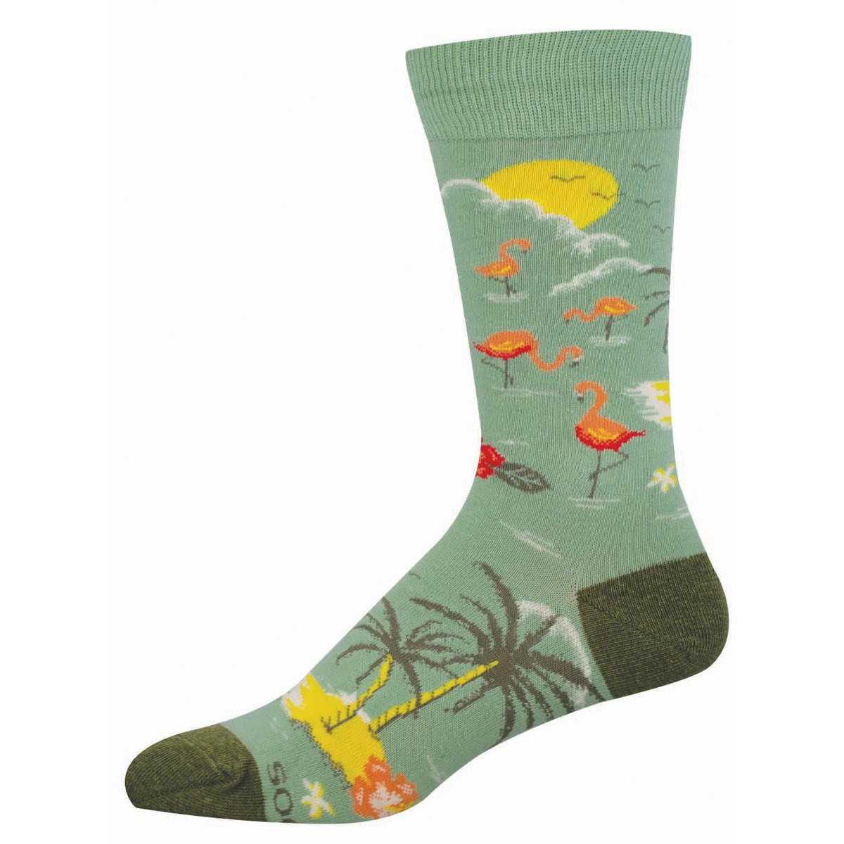 Sock with flamingo and palm tree design on a light green background