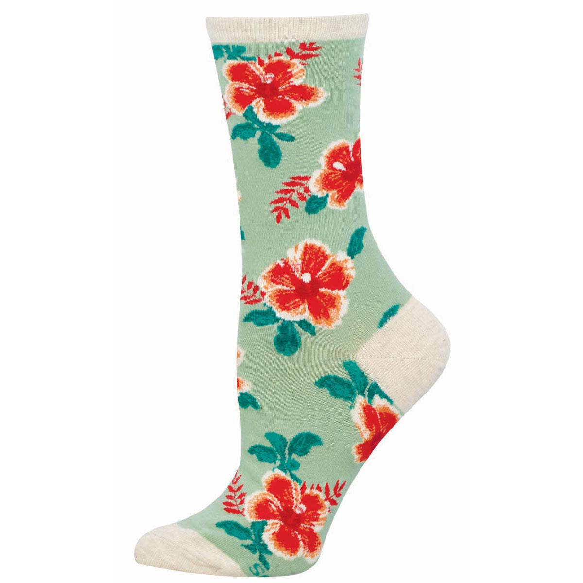 Floral patterned sock on a light green background