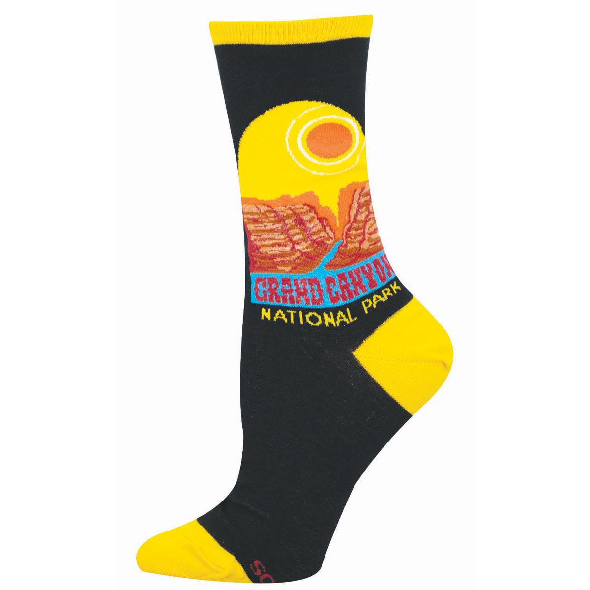 Black sock with Grand Canyon National Park design and yellow heel and cuff