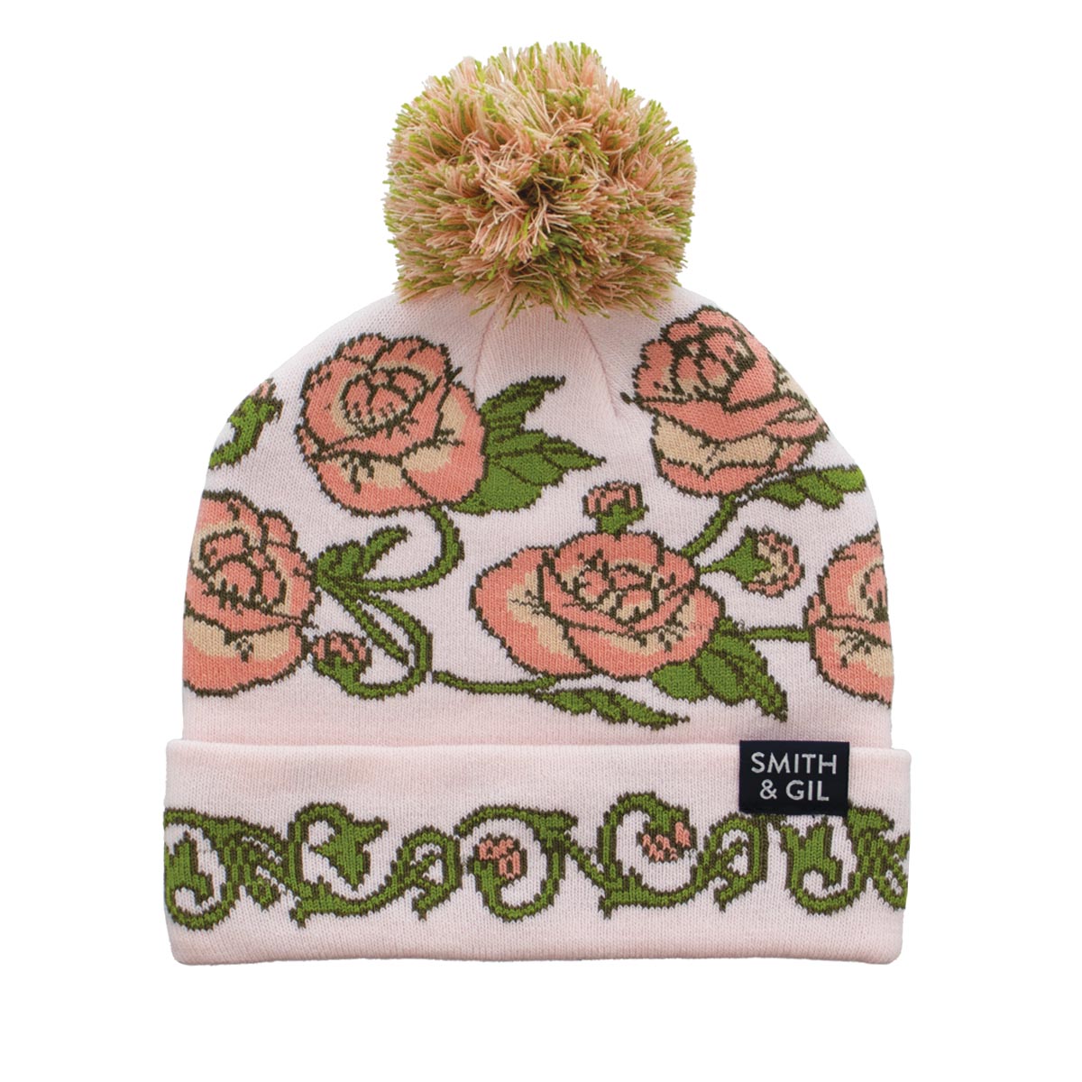 Unisex Pom Pom Beanie with Ribbed Cuff - Roses Pattern - Light Pink and Green - Socksmith