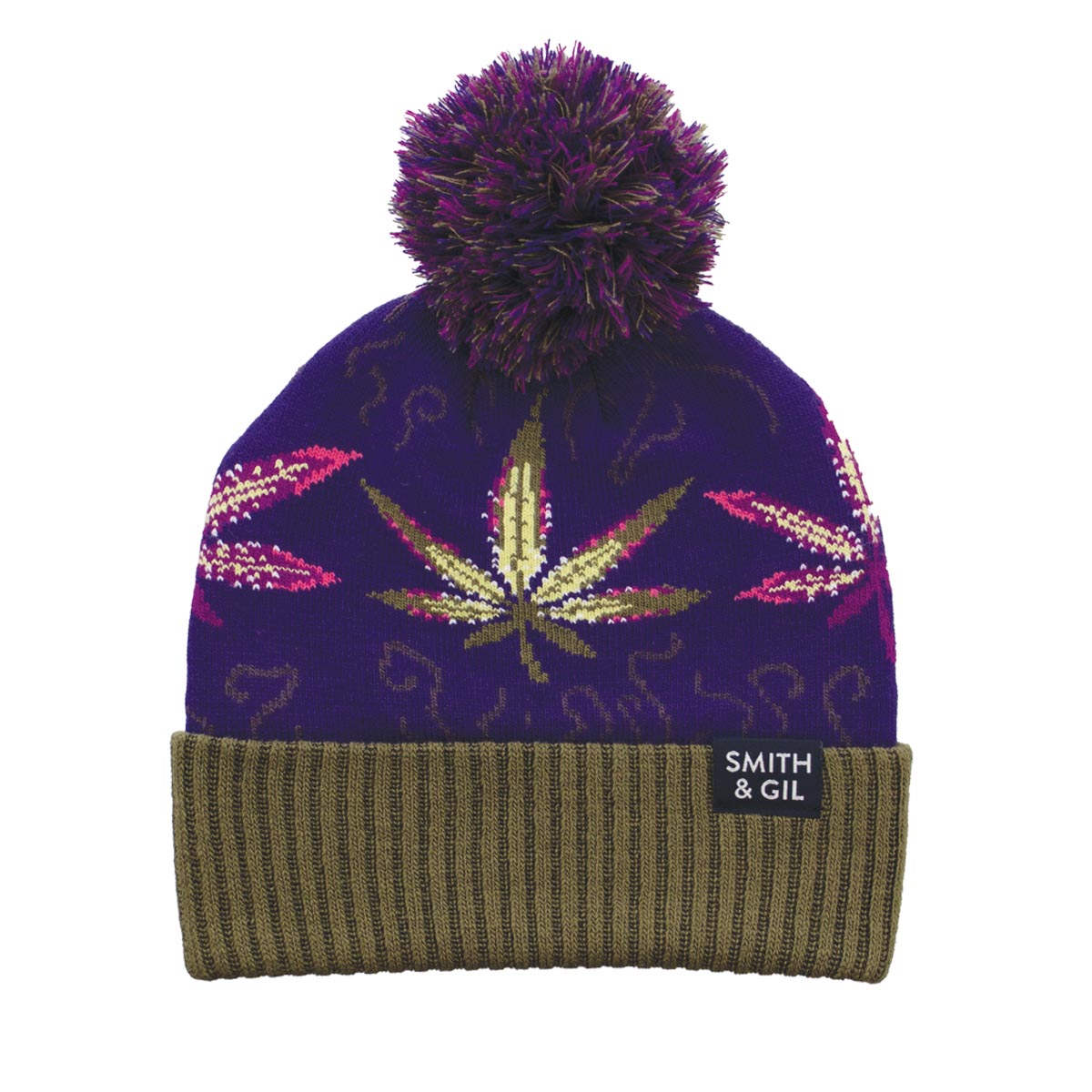 Unisex Pom Pom Beanie with Ribbed Cuff - Marijuana Design - Olive Green and Purple - Socksmith