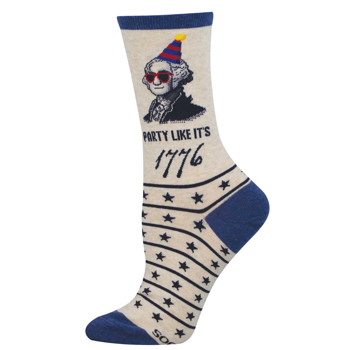 Sock with a graphic of George Washington in a party hat and sunglasses, text 'Party Like It's 1776', and star pattern on a white background.