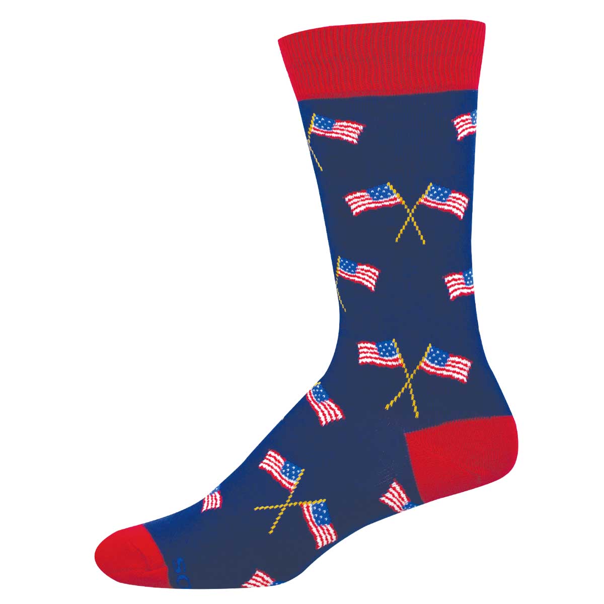 Navy sock with American flag pattern and red accents on a white background