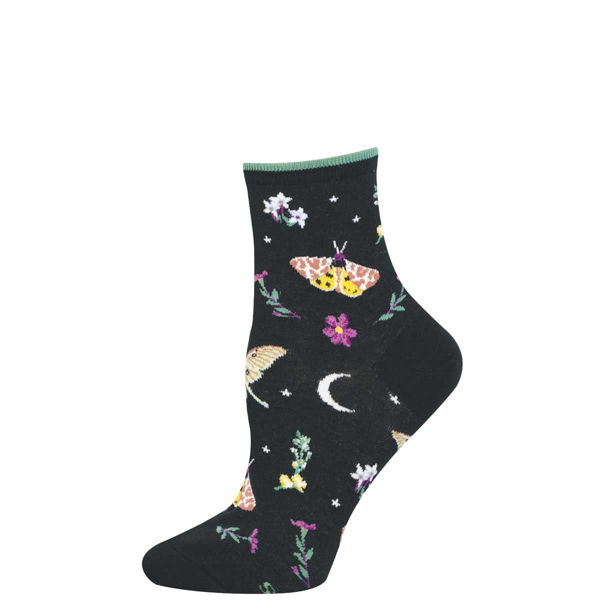 Black sock with moth, floral and moon pattern
