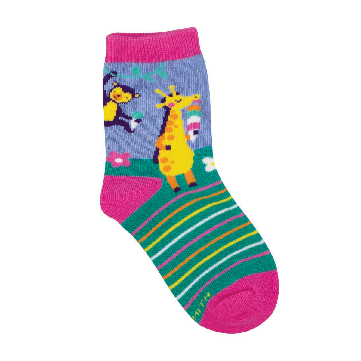 Children's socks with a colorful design featuring a monkey and a giraffe with ice cream cones.