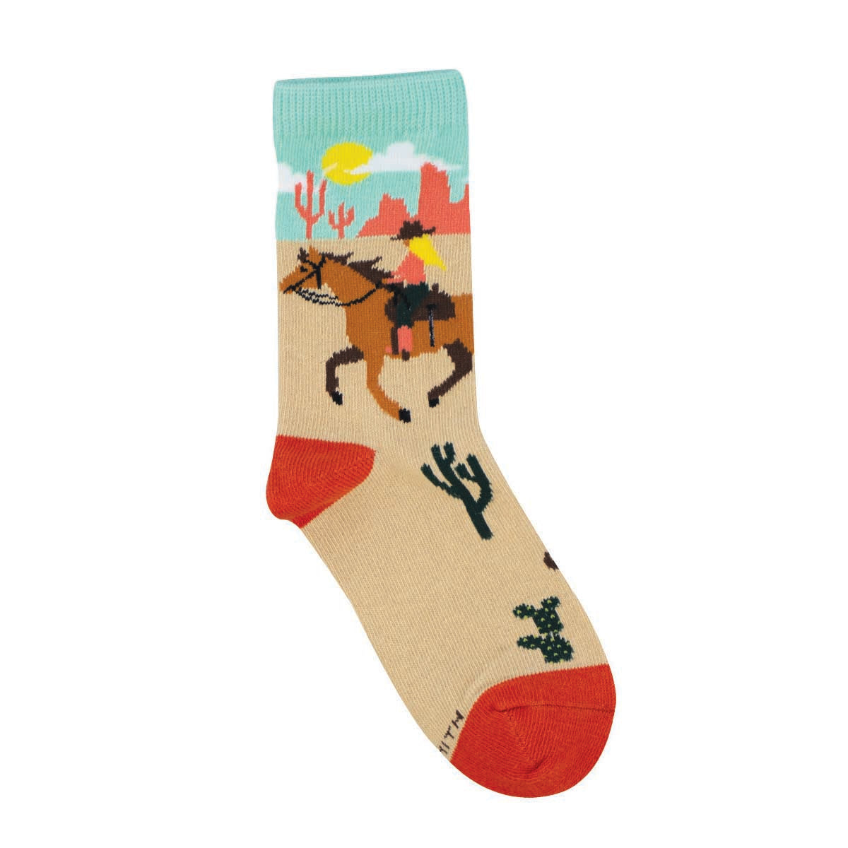 A pair of children's socks with a cowgirl riding a horse through a desert scene, including cacti and boots.