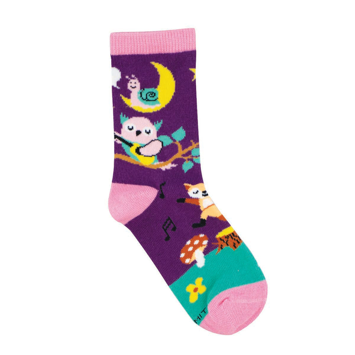 A pair of kids' socks with a whimsical forest theme, including an owl, fox, snail, and moon on a purple background.