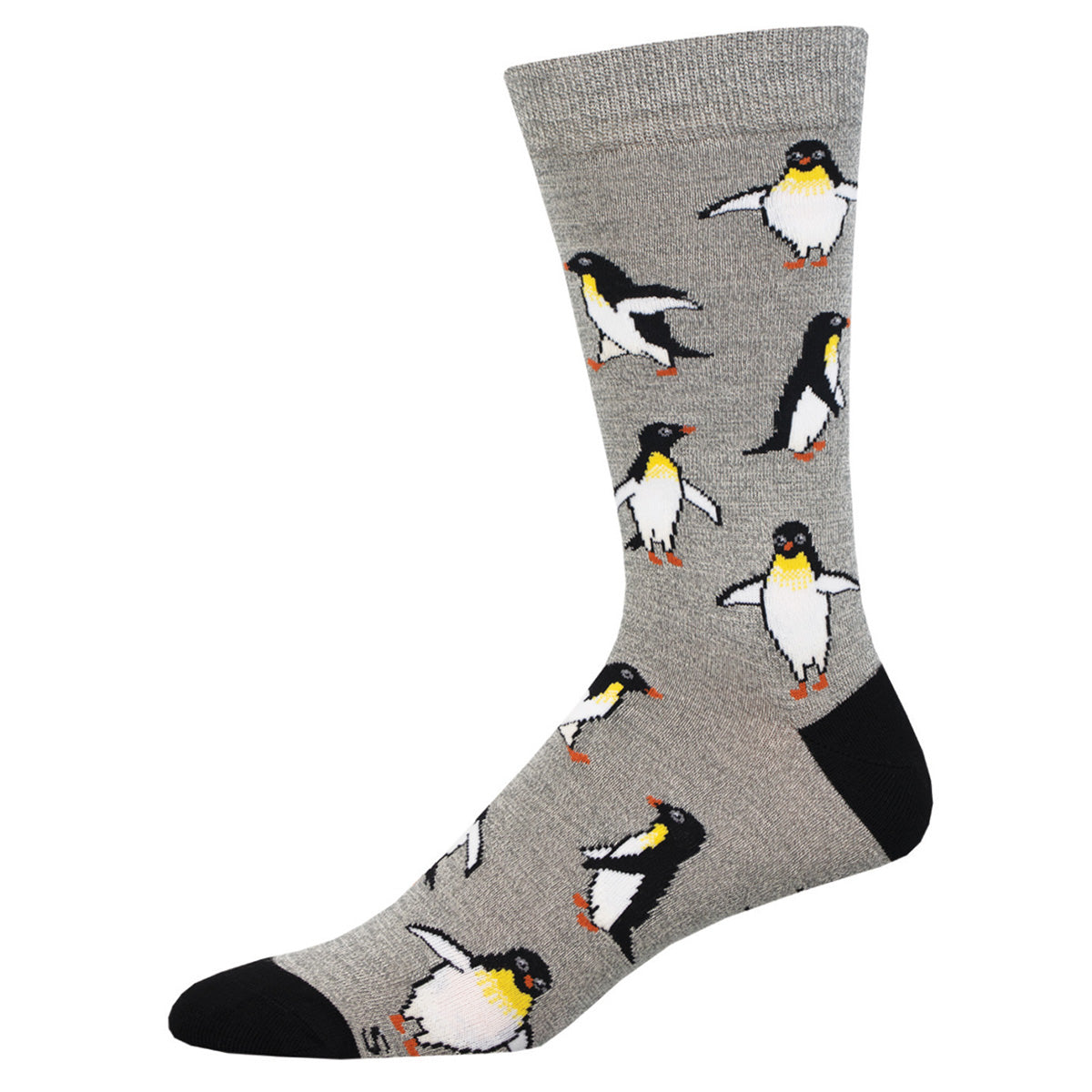 A pair of socks with a pattern of penguin characters in gray, black, white, and yellow colors.