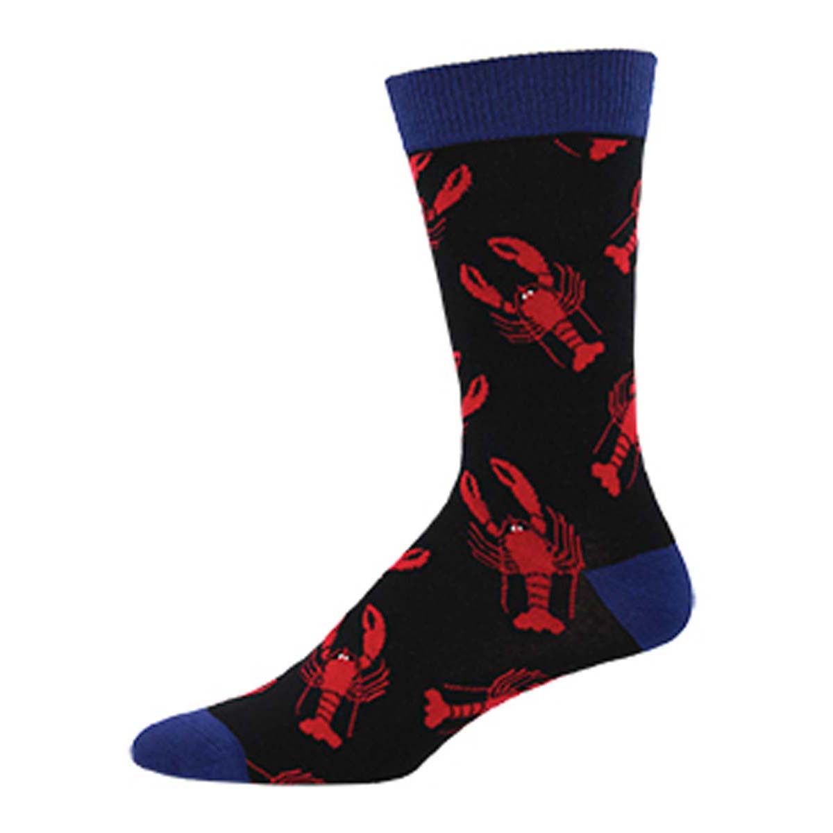 Men's Bamboo Crew Socks - Red Lobster Pattern Black with Blue Cuff, Heel, and Toe - Sockmith