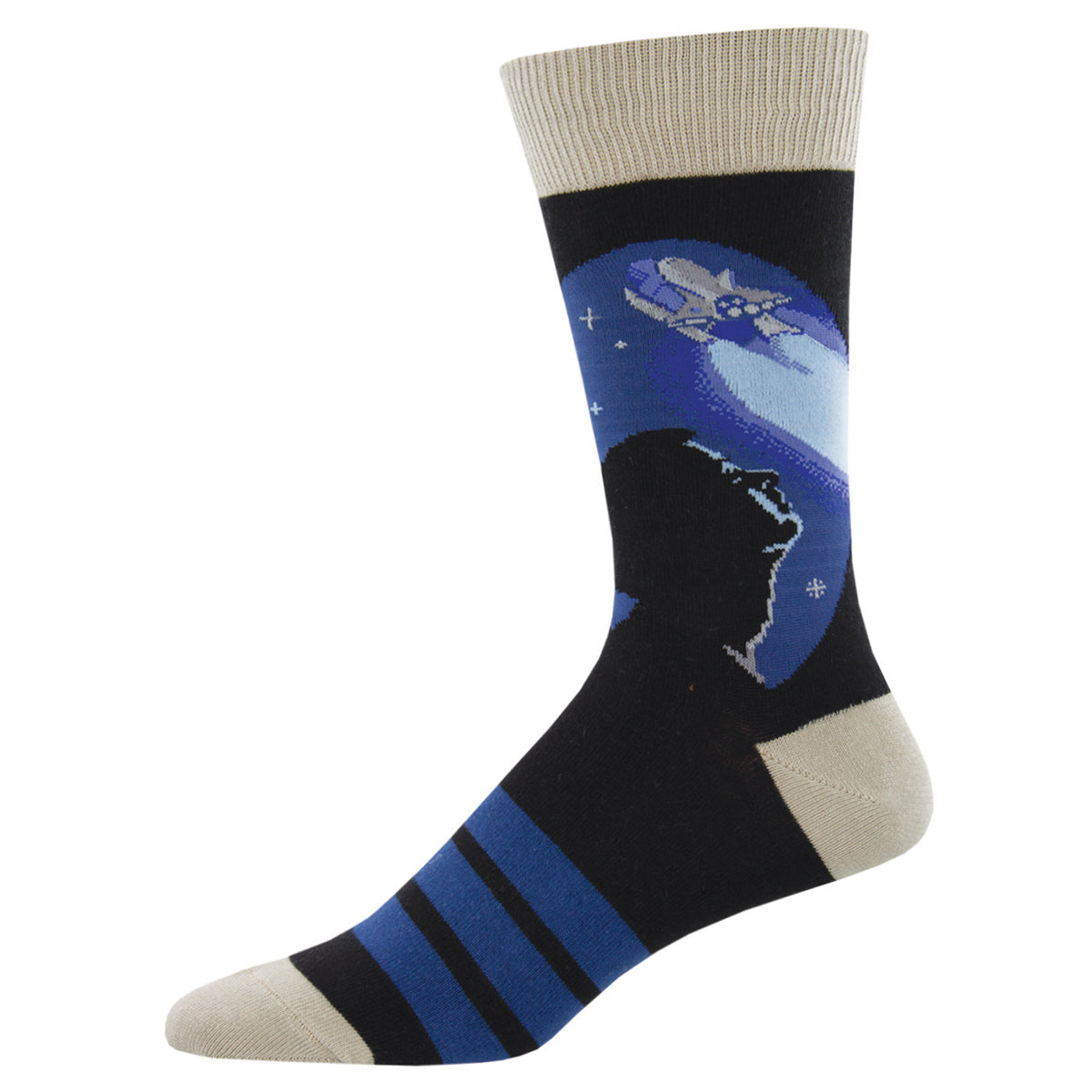 Men's Cotton Crew Socks - Space Theme - Black Background with Gray Cuff and Toe - Socksmith